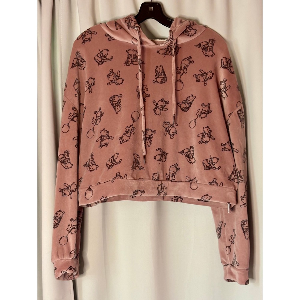 Disney Winnie the Pooh Primark Pink Velour Cropped Hoodie XL Pullover Sweatshirt
